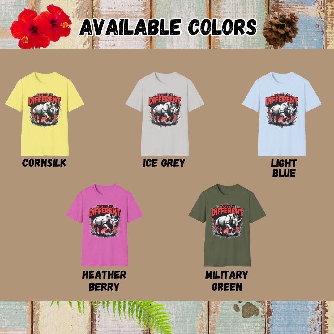 Rhino Tee – Built Different – Bold Vibrant Art