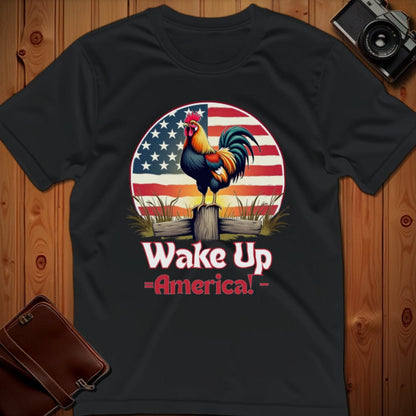 Rooster Tee – Wake Up America – Bold Vibrant Art