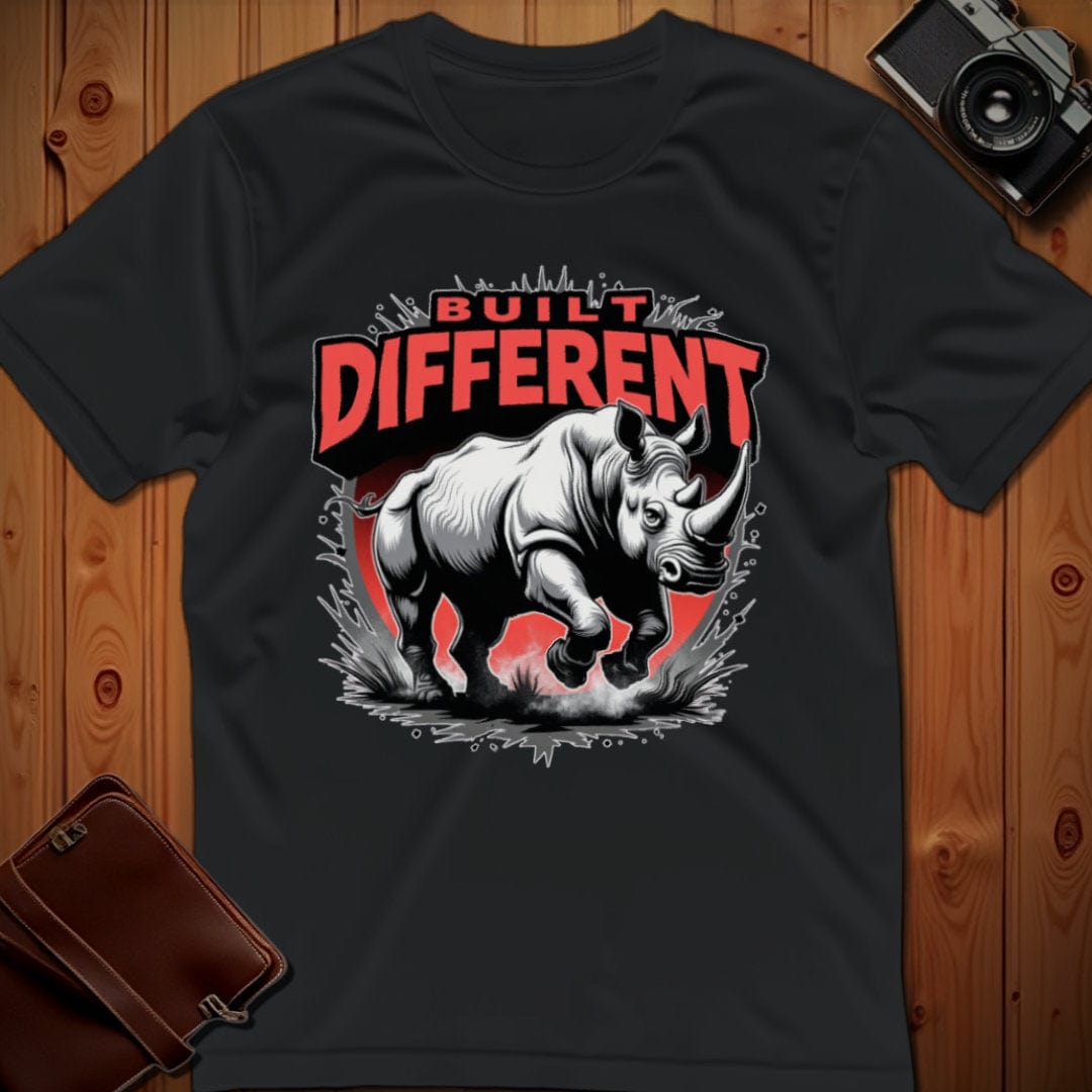 Rhino Tee – Built Different – Bold Vibrant Art