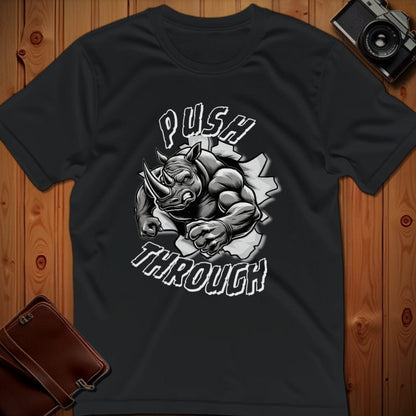 Rhino Tee – Push Through Charge – Bold Vibrant Art