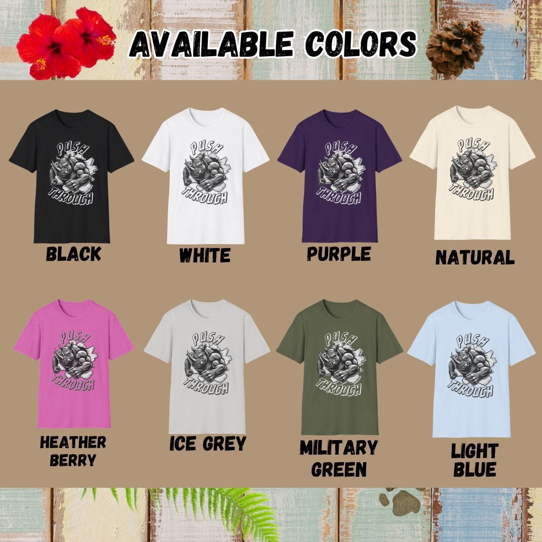 Rhino Tee – Push Through Charge – Bold Vibrant Art