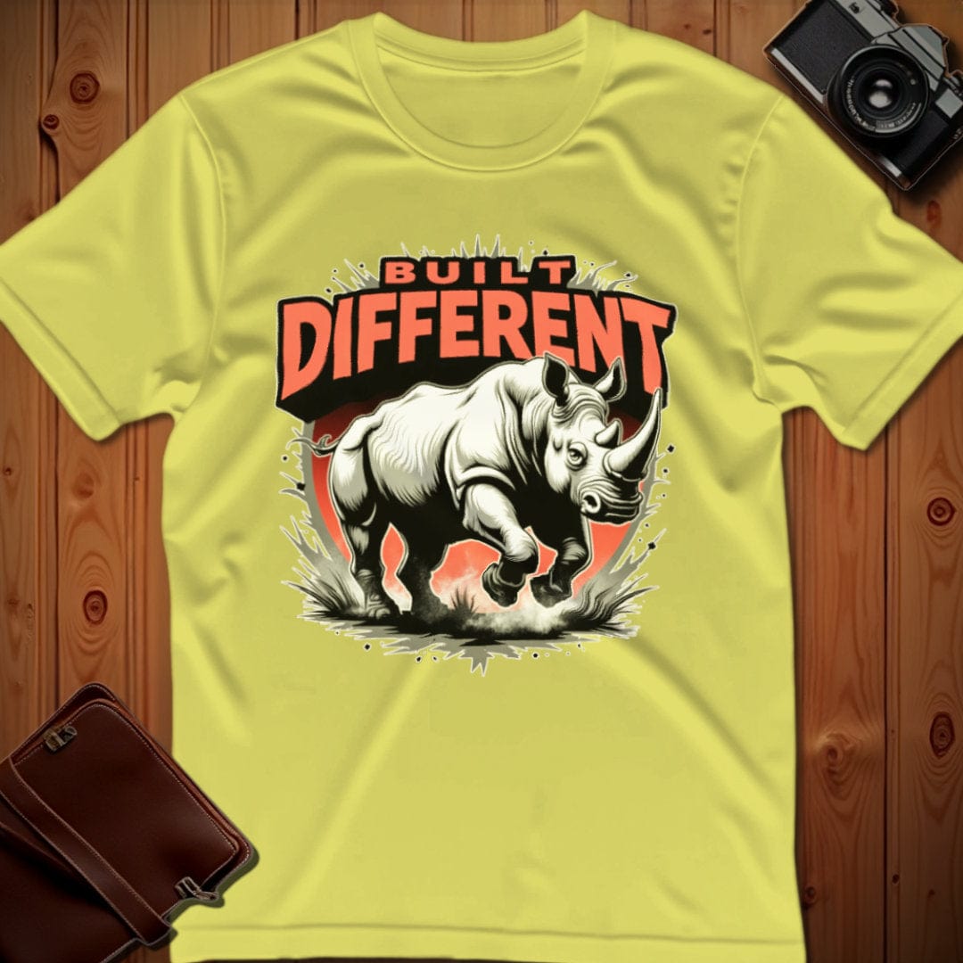 Rhino Tee – Built Different – Bold Vibrant Art