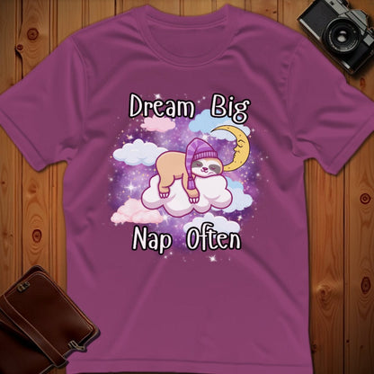 Sloth Tee – Dream Big Nap Often – Bold Vibrant Art