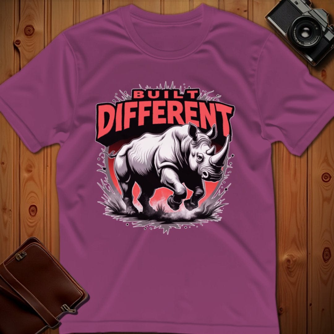 Rhino Tee – Built Different – Bold Vibrant Art