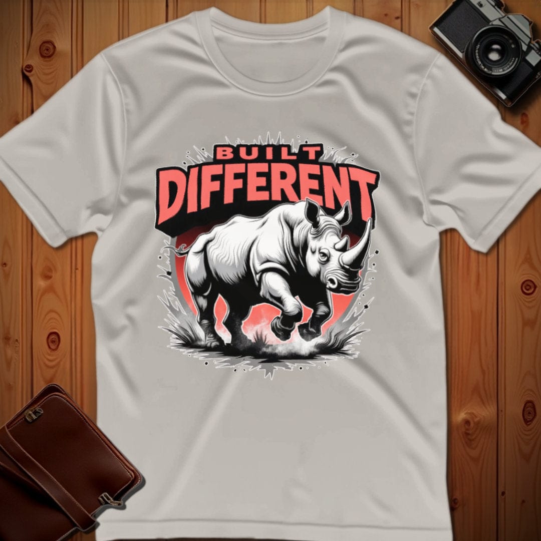Rhino Tee – Built Different – Bold Vibrant Art
