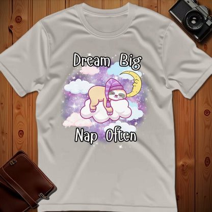 Sloth Tee – Dream Big Nap Often – Bold Vibrant Art