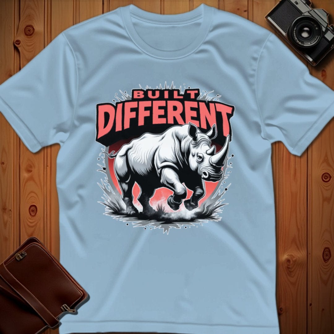 Rhino Tee – Built Different – Bold Vibrant Art