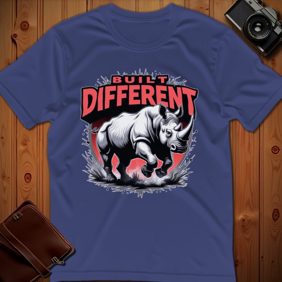 Rhino Tee – Built Different – Bold Vibrant Art