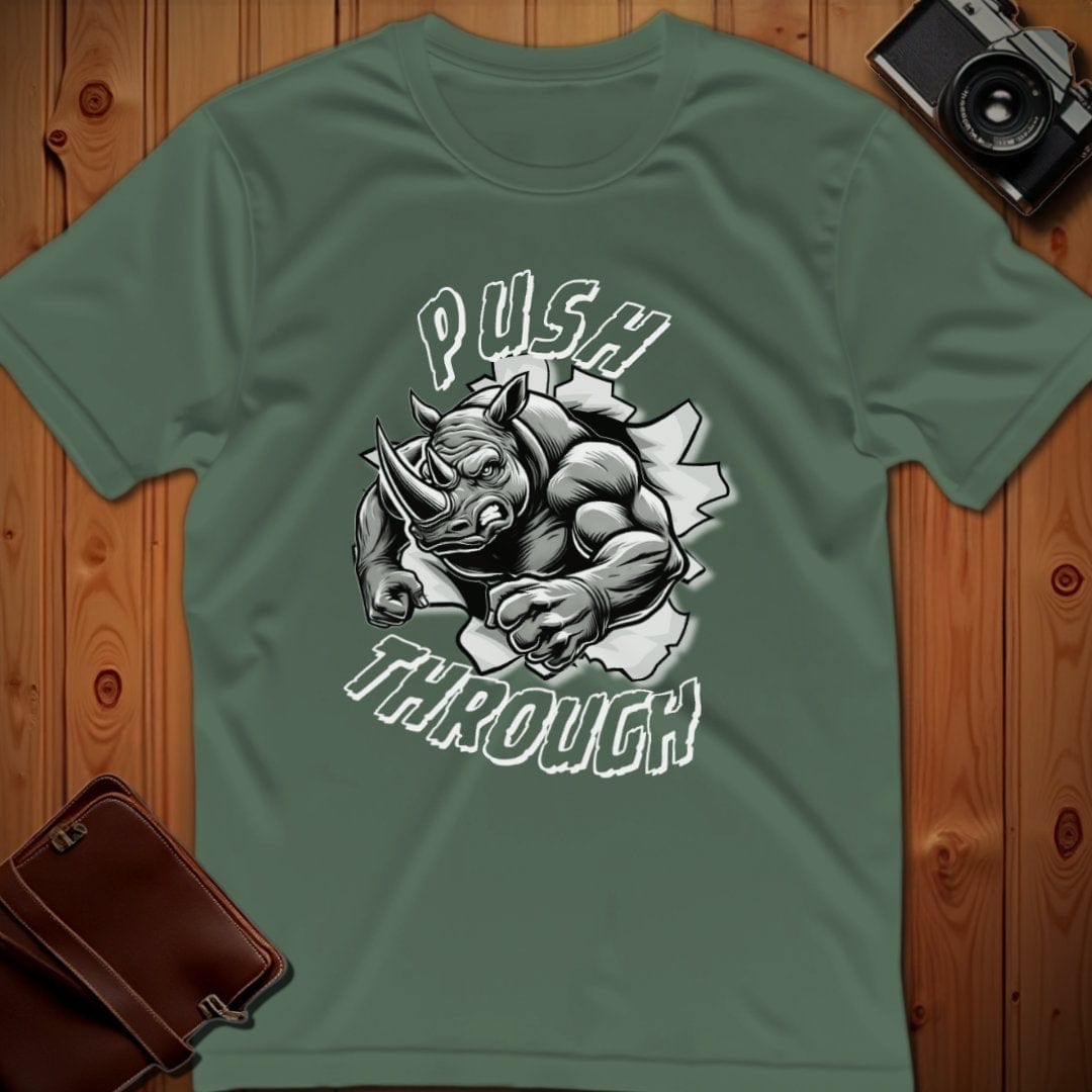 Rhino Tee – Push Through Charge – Bold Vibrant Art