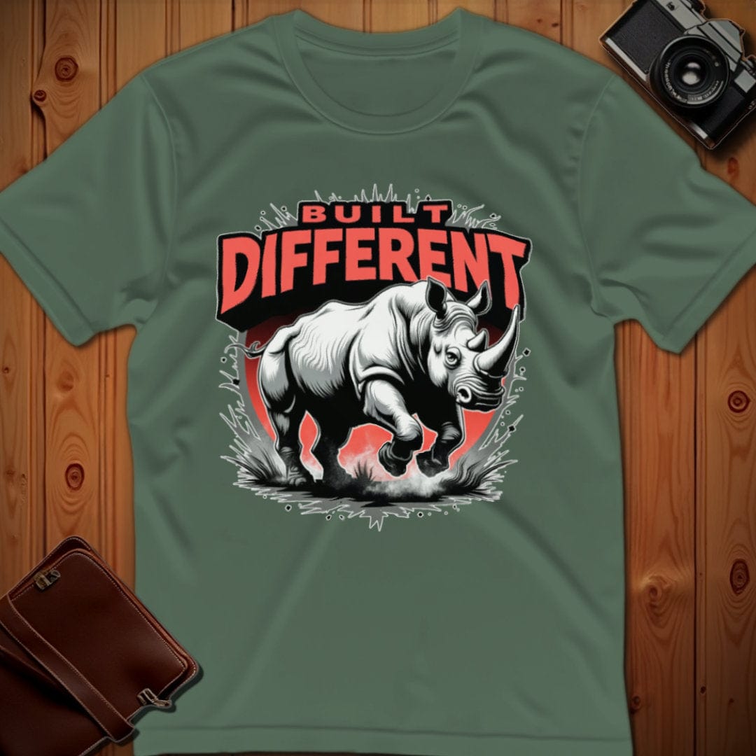 Rhino Tee – Built Different – Bold Vibrant Art