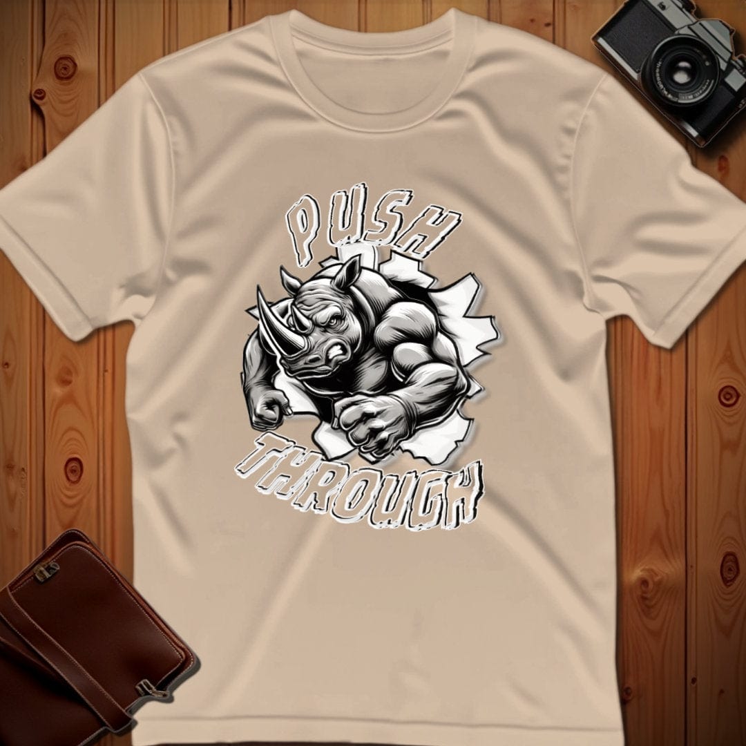 Rhino Tee – Push Through Charge – Bold Vibrant Art
